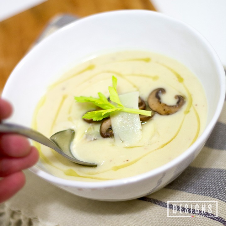 Cauliflower Soup with Truffle Oil and Shiitake Mushrooms - A hearty and very flavorful soup, drizzled with truffle oil and topped with sauteed shiitake mushrooms and shaved Pecorino Romano | designsofanykind.com