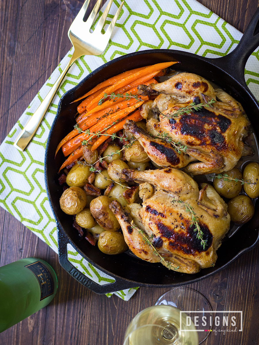 Lemon + Thyme Roasted Cornish Hens with Baby Potatoes and Carrots - How to make juicy and flavorful roasted cornish hens, infused with lemon, thyme and a touch of honey. This easy, one pot meal is perfect for any occasion. | designsofanykind.com