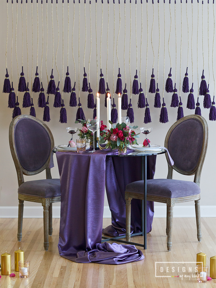 A Valentine's Date Night In / Inspired by Benjamin Moore's Color of the Year. Forget the traditional reds this Valentine's Day, and go for a unique look using Benjamin Moore's Color of the Year, "Shadow", as your primary color scheme for your romantic candlelit dinner. Find out more at www.designsofanykind.com