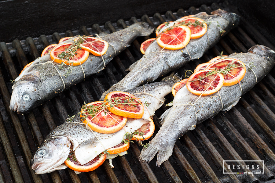 Blood Orange, Thyme, and Fennel Grilled Trout - A delicious spring grilling recipe for whole fresh water trout stuffed with fresh blood oranges, thyme, and fennel. Recipe at www.designsofanykind.com
